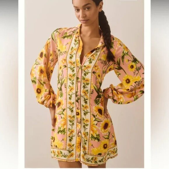 NWT Farm Rio Anthropologie Long Sleeve Button Front Mini Sunflower Dress Large - Picture 1 of 16
